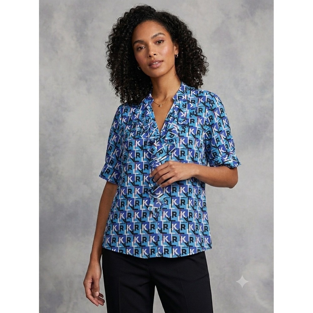 NWT Karl Lagerfeld Paris Womens Blue Logo Print Ruffle V Neck Blouse Size Large